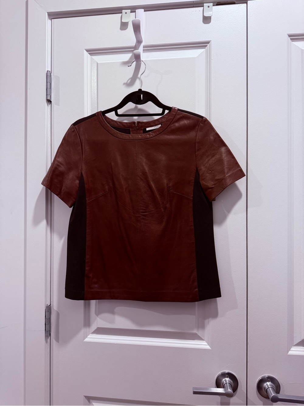Halogen Brown Leather Short-Sleeve Top with Black Panels